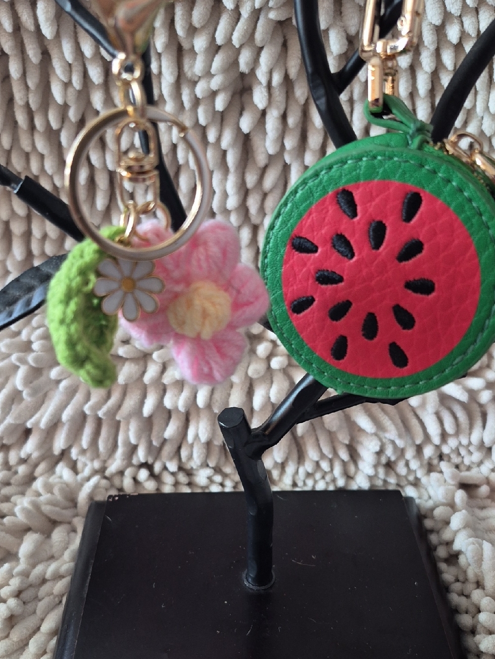 Watermelon Coin Pouch Keychain AND Crocheted Floral Charm Keychain [K12]